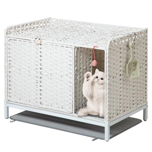 SETVSON Cat Litter Box Enclosure Furniture with Divider, Hidden House White | Handwoven PE Rattan with Washable Mat, 3.54-In Heightened Metal Feet, 31.2 x 19.6 x 24.2 Inches Spacious Cabinet - color: White