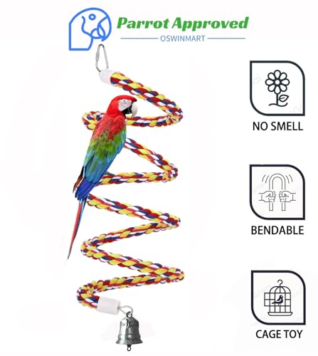2Pcs 63'' Bird Rope Perches Birdcage Swing Toys 100% Cotton Natural Bird Perch Peck/Chewing with Bell Climbing Standing Bungee Parrot Toys for Small to Regular Size Parrot Cockatiel Birds - size: 63'x2pcs