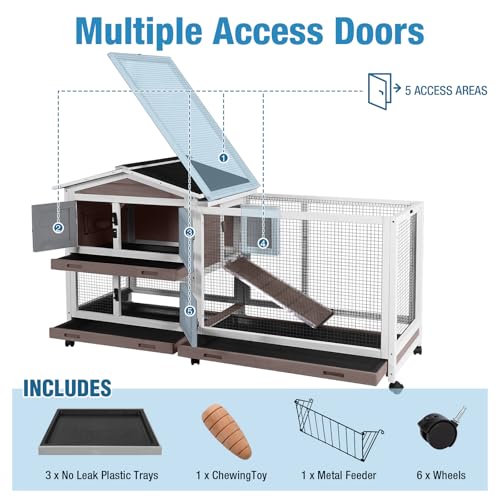 Rabbit Hutch Indoor, 62’’ Bunny Hutch Outdoor, Mobile Rabbit House with Wheels, Wooden Bunny Cage with Leakproof Tray, Chew-Proof Ramp for Guinea Pig(Brown) - color: Brown