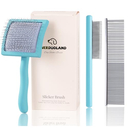 Blue Slicker Brush Long Haired Dog Wooden Handle Coated Pins | Gently Grooming Slicker Brush, Ergonomic Wooden Handle, Long-Haired Dogs, Long Pins for Grooming Goldendoodles Poodles - color: Blue