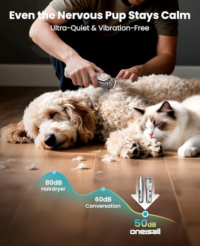 oneisall Dog Clippers for Grooming Thick/Matted Hair, 4-in-1 Grooming Kit | Detachable Stainless Steel Blade, Powerful Motor, IPX6 Waterproof, Low Noise, Paw Trimmer and Nail Grinder, 9 Guide Combs