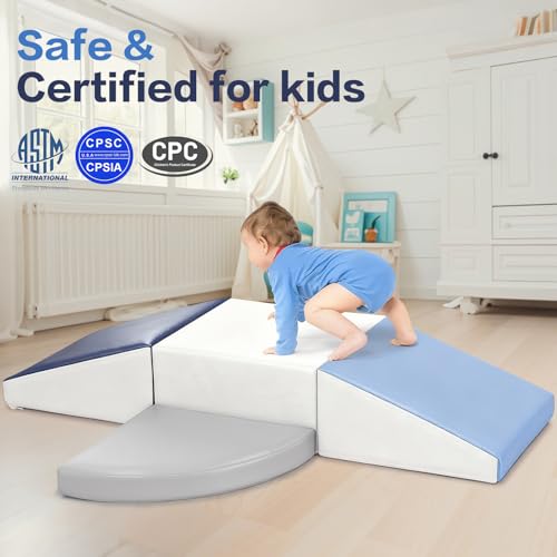 Sumbababy Climbing Foam Blocks for Toddlers: PU Leather Foam Blocks for Kids Active Play - Toddler Climbing Toys Indoor - Durable Playground Gym Preschool Toddler Toys for Boys and Girls - style: Navy/Haze Blue