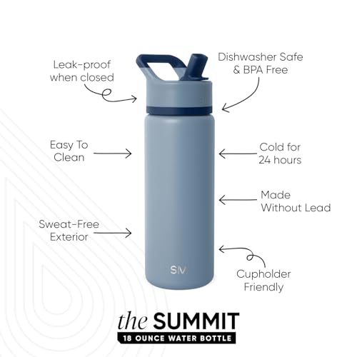 Simple Modern Insulated Water Bottle with Straw | 18oz | Blue | Summit Stainless Steel Water Bottles, Metal Cup | Leak Proof for School, Gym, Travel, Sports | Blue Dune - color: -Blue Dune, style: 18oz