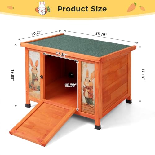 COZIWOW 24 Inch Rabbit Hutch Outdoor, Weatherproof Cat House, Bunny Cage Indoor with Non-Slip Ramp, Portable Wooden Shelter for Rabbits, Feral Cats, Chicken, Duck & Other Small Animals (Orange) - color: Orange w/printing