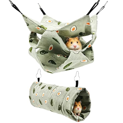 Guinea Pig Hammock and Tunnel Set, 2-in-1 Cage Bed and Hideout | 3-tier bed, padded tunnel, removable metal hooks; washable linen set for ferrets, rats, chinchillas and small pets - color: Avocado
