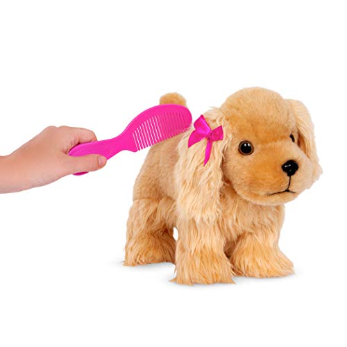 Pucci Pals Plush Puppy Carrier Set, Cocker Spaniel, Heart Print Bag, Pet | 3-piece plush pet set with Cocker Spaniel puppy, comb, and 8 x 6 x 9 in heart print carry bag for grooming and, 2+ Years - style: Cocker Spaniel - Gold & Pink Bag