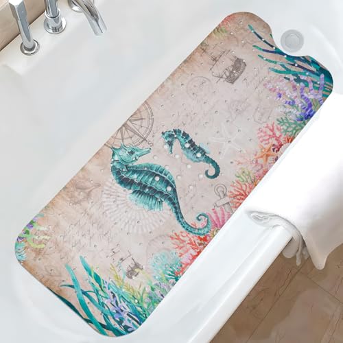 Ocean Bathtub Mat Non Slip, Cute Baby Bath Mat for Tub Rubber Tub Mat, Seahorse Coral Toddler Kids Bath Mats for Bathroom Anti Slip Shower Mat with Suction and Drain Holes Machine Washable, 40″x16″ - color: D07, size: 40" x 16" (Rectangular)