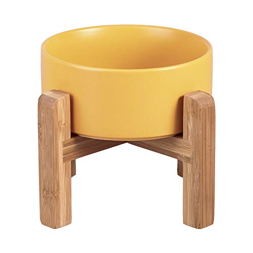 Yellow Ceramic Elevated Raised Cat Bowl with Wood Stand No Spill Pet Food Water Feeder Cats Small Dogs - color: Yellow, size: Medium Dog Bowls 850ML*1