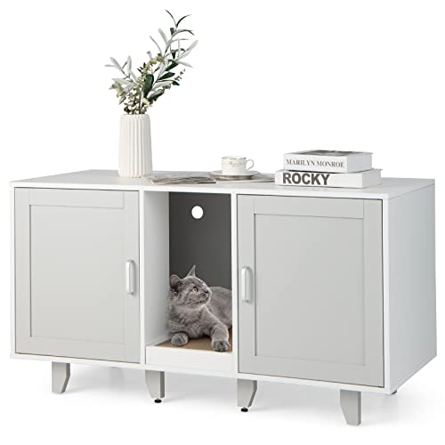 PETSITE Litter Box Enclosure for 2 Litter Boxes, Hidden Cat Washroom TV Stand End Table with 2 Cabinet, Scratching Board, Indoor Cat Litter Furniture, Patented - color: Grey