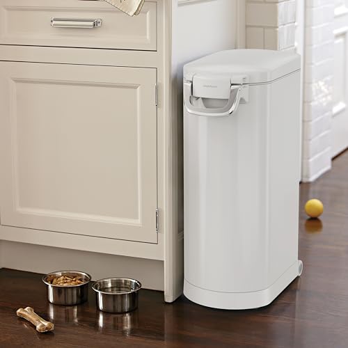 simplehuman X-Large Pet Food Storage Container, Holds 36-44 lb / 16-20 kg of Dry Dog Food, Cat Food, or Bird Seed, Airtight Lock-Tight Lid with Magnetic Scoop, BPA-Free, White Steel - color: White, size: X-Large