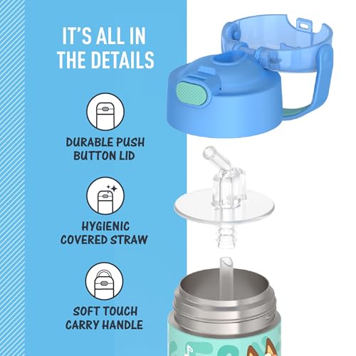 THERMOS FUNTAINER Water Bottle with Straw, 12oz, Bluey | Kids Stainless Steel Insulated Water Bottle, Keeps Drinks Cold Longer for School & Play, BPA-Free - color: Bluey, size: 12 Ounces