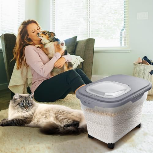 Pet Food Container, Collapsible Dog Food Storage Container with Detachable Casters & Airtight Lid for Keeping Dry Kibbles, With Dog Food Scoop and Measuaring Cups - color: Gray