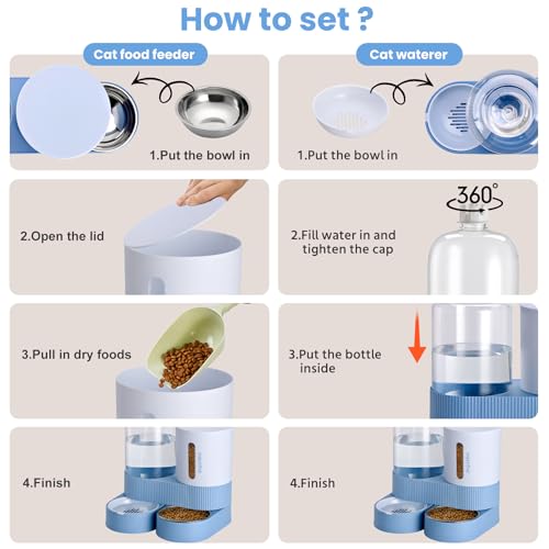 Automatic Cat Feeder Stainless Steel Water Dispenser Gravity Food Feeder and Waterer Set with Pet Food Bowl for Small Medium Kitten Puppy Pets Large Capacity(Blue) - color: Blue