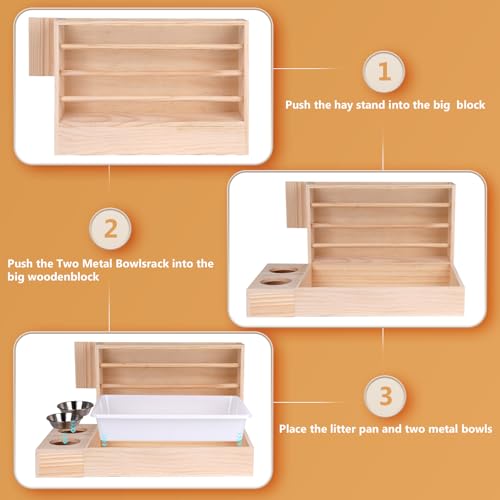Rabbit Hay Feeder with Litter Box, Bowl Tray for Small Bunnies | Hay Holder Rack with 2 Bowls, Litter Box for Small Animal Guinea Pig Hamster Chinchilla