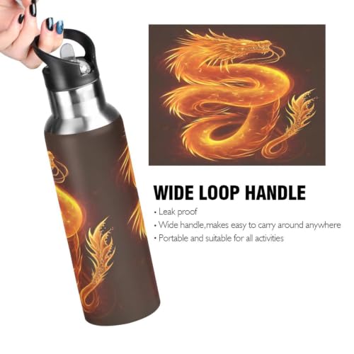 Fire Dragon Water Bottle Insulated Stainless Steel Water Bottle with Straw Lid 20 oz Leak Proof Flame Dragon Design Gift for Dragon Lovers Kids Boys Teens Men - color: Multicolor