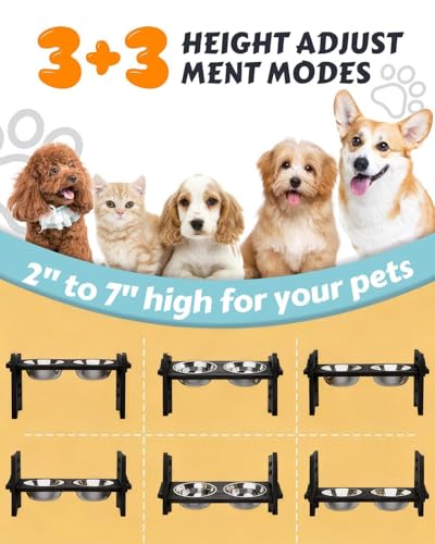 Jovrun Elevated Dog Bowls, Adjustable Raised Dog Bowl Stand for Small Size Dogs and Cats, 15°Tilted Elevated Cat Bowls, Durable Bamboo Dogs Feeder with 2 Stainless Steel Bowls and Non-Slip Feet - color: Black Spray Paint, size: 2″-7″For Small Dogs and Cat
