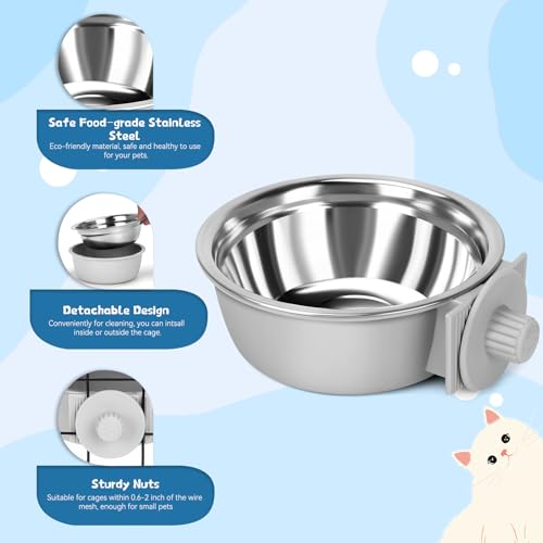 2 Pcs Crate Dog Bowl, Removable Stainless Steel Pet Kennel Hanging Food Water Feeder Bowl Set Non-Spill Cage Feeder for Puppy Small Medium Dog Cat Rabbit Ferret Bird