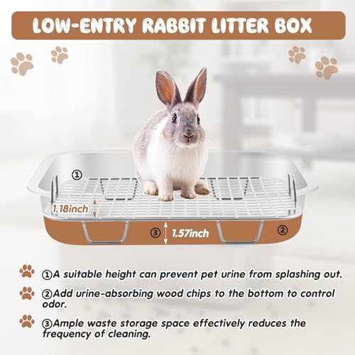 Maxcheck 2 Pcs Rabbit Litter Box, Stainless Steel Rabbit Litter Pan with 2 Grids, High Side Bunny Toilet Tray Potty Training Pan for Rats Ferret Bunny Guinea Pig(S 14.2''L x 11.2''W x 2.5''H) - size: S 14.2''L x 11.2''W x 2.5''H