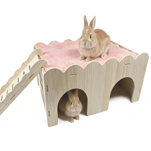 Bunny Hideout Castle Wooden Guinea Pig House Small Rabbit Hideaway with Ladder for Chinchilla Hedgehog Rat