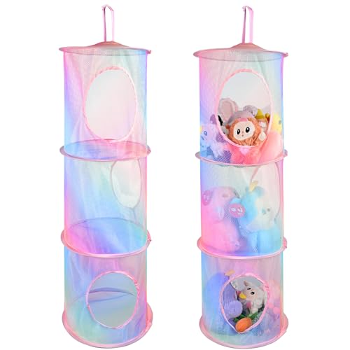 ChezMax Hanging Mesh Stuffed Animal Storage - 3 Tiers 2 Pack Large Stuffed Animal Net Organizer, Foldable Space Saver Bags Basket Organization Holder Room Bedroom Playroom Wardrobe Rainbow - color: 3 Tier - Rainbow