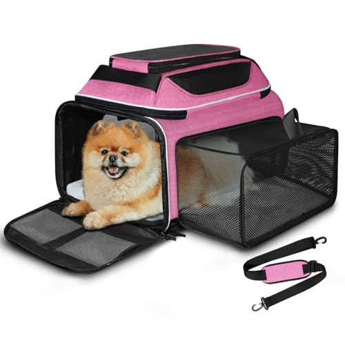 Top and Side Expandable Small Pet Carrier Airline Approved, Pink | 17"Lx11"Wx9.5"H, for Alaska Airlines, Pets Under 10 Lbs, Lockable Zippers,Soft-Sided, Anti-Scratch Mesh - color: Pink, size: 17.0"L x 11.0"W x 9.5"H