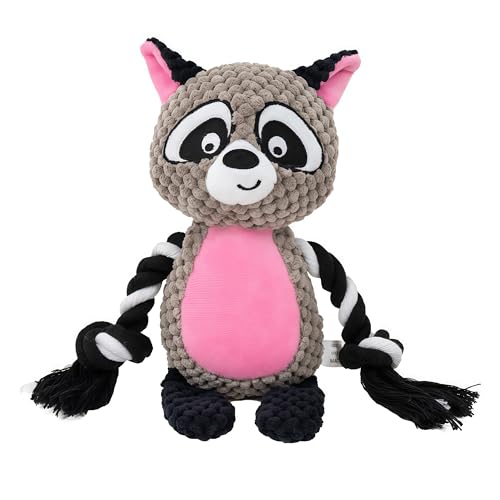 Raccoon Plush Dog Toy with Squeaker, Crinkle Paper & Rope for Small Dogs | Cute raccoon design with soft plush texture, squeaky sound and crinkle paper to encourage interactive indoor play. - color: Raccoon