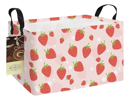 Rectangle Foldable Storage Basket Handles For Home, Pink Strawberry | Waterproof canvas material, reinforced handles, perfect for shelf use, organizes clothes, daily items and pet supplies - color: REC-Pink Strawberry