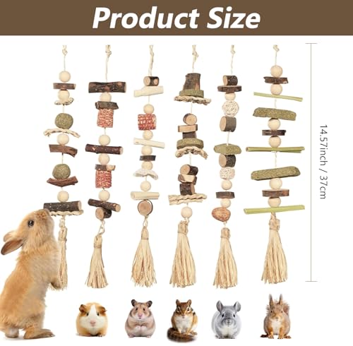 6PCS Hanging Bunny Chew Toys, Natural Apple Wood Rabbit Chews | Teeth Grinding & Dental Health, Small Animal Wooden Cage Toy for Guinea Pigs, Hamsters, Chinchillas, Ferrets, Rats, Gerbils