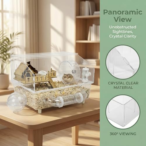 Clear Acrylic Hamster Cage 8 in 1 Kit, Transparent Habitat Top Ventilation & Easy Clean, Rounded Edges Enclosure for Desk/Living Room, Dwarf Hamster Cage,Gerbil, Mice & Small Animals