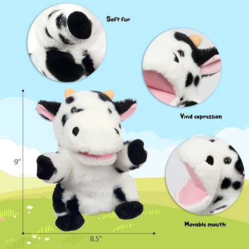 Easfan Cow Hand Puppet with Movable Mouth Plush Toy Gift for Kids 9" | Interactive storytelling, cute stuffed animal, creativity imagination, easter christmas birthday holiday gift, for toddlers - style: Cow
