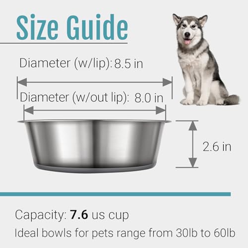 Nonslip Stainless Steel Dog Bowls, 7.6 US Cup, 2 Count | No slide silicone bottom, Dishwasher safe, Easy to clean, Stackable design - size: 7.6 Cup