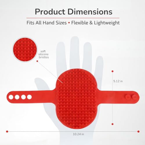 Pets&Goods Rubber Pet Grooming Brush for Dogs & Cats – Bath & Deshedding Brush with Custom-Fit Hand Straps – Soft Silicone Bristles for Short & Medium Hair – Anti-Slip, Easy to Clean - color: Red