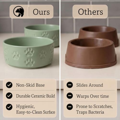 Ceramic Dog Bowl Set of 2 with Anti-Skid Base, 5.5"W x 2"H, 2 Cup Capacity | Thick Ceramic, Dishwasher Safe, Anti-Skid Rubber Base, 2 Cups per Bowl, Ceramic Food and Water Bowls Set of 2 for Small Dogs - color: Sage Green, size: Small