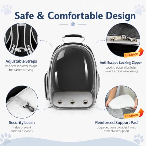 Expandable Cat Carrier Backpack with Bubble Window and Mesh, Black | Anti-collapse frame, breathable mesh, escape-resistant zipper clips and safety leash for vet visits and outdoor travel. - color: Black