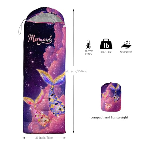 Sleeping Bags for Adults and Kids Backpacking Camping Sleeping Bags for Girls and Boys Lightweight Waterproof Cold/Warm 3-Season - color: Galaxy Mermaid