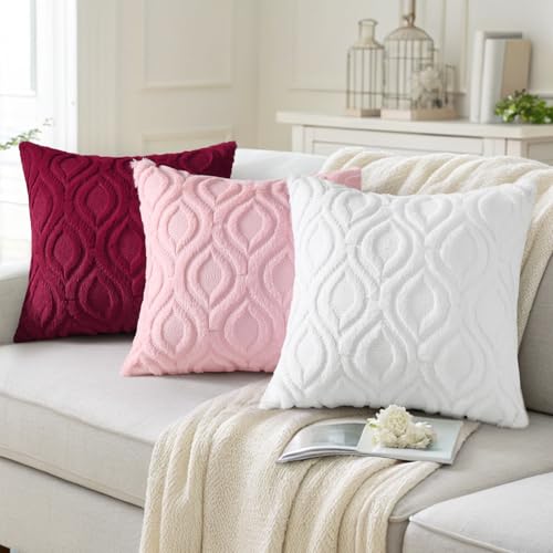 decorUhome Faux Fur Plush Soft Burgundy Throw Pillow Covers 16x16 Set of 2 | Plush Solid Fall Couch Pillow Covers, Accent Modern Farmhouse Neutral Decorative Square Pillow Cases for Sofa Bed Living Room - color: Burgundy, size: 16" x 16" (Pack of 2)
