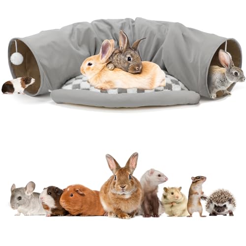 BWOGUE Bunny Tunnel Bed, 2-in-1 Rabbit Tunnel Hideout with Mat, Gray | Removable Mat for Washing, Ball Toy for Play, Tunnel Tubes for Hiding, Soft Suede Fabric, Cats Rabbits Guinea Pigs - color: Gray