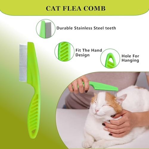 Cat Grooming Brush Kit 6 Tools - Deshedding & Dematting for Long/Short Hair, Self-Cleaning Slicker Brush with 6-in-1 Flea Comb for Cats & Kittens (Green) - color: Green