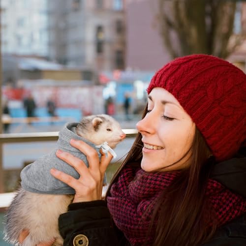 Foaincore 6 Pcs Ferret Clothes Hoodie Sweater Leash Harness Set Grey Red | Soft Hoodie Sweaters with Drawstring, Collar with Bell for Safety, Leash Included, For Guinea Pig Hamster Chinchilla