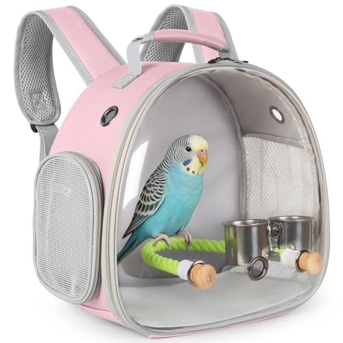 Small Bird Travel Backpack Carrier Cage with Cups, Backpack to Transport Backpack Carrier with Clamp Cups Stand Perch for Parakeet Cockatiel Budgies Vet Carry Book Bag Pink - color: Pink