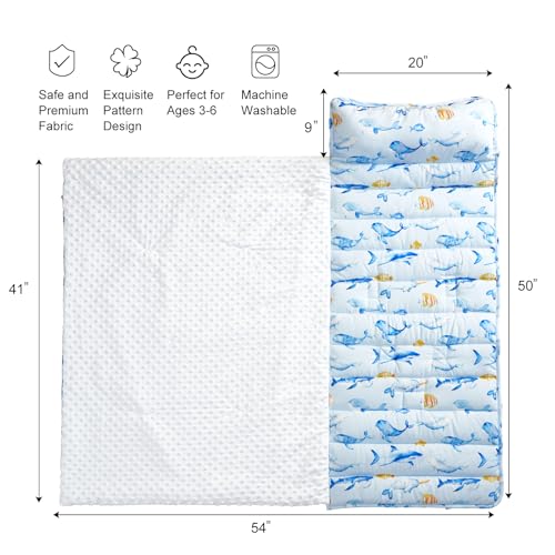 david's kids Toddler Nap Mat with Removable Pillow and Minky Fleece Blanket, Ultra Soft Slumber Bags for Boys, Perfect for Preschool, Daycare, Kids Sleeping Bags with Rollup Design, 50"x20", Whale - color: Whale