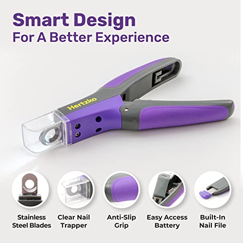 Hertzko Dog Nail Clippers with LED Light for Large & Medium Dogs - Violet Cat Nail Clipper with Replacement Blade & Nail File, Purple Nail Clippers for Dogs, Grooming Paw Pads, Circular Blade