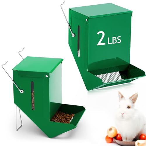 2 Pcs Rabbit Feeder for Cages Viewing Window Small Animal Food Dispenser with Lid Metal Guinea Pigs Feeders Indoor Outdoor