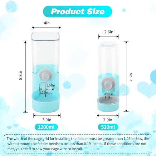 YUEPET Rabbit Water Dispenser & Food Dispenser Set, Automatic Rabbit Feeder | Bunny Feeder and Rabbit Water Bottle, 1.2L Feeder, 0.52L Waterer, Cage-Mount Design for Guinea Pig Chinchilla Ferret Cat - color: Blue