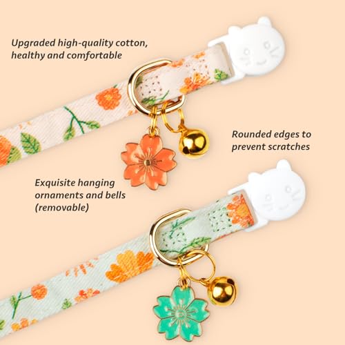 2 Pack Cotton Cat Collar Beige and Green Flowers Cute Kitten Cat Collar | Breakaway Breathable Soft material With cute pendants with Bell - color: Beige&Green