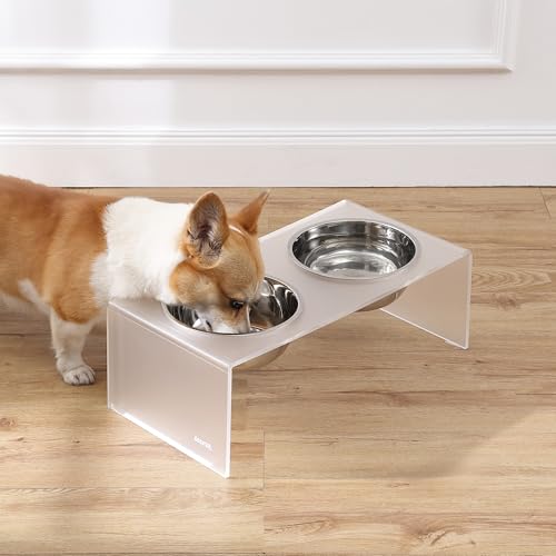 DBL2001K Keaton 7.5" Medium/Large Modern Acrylic Rectangular Elevated Pet Feeder with 54oz 2-Stainless Steel Bowls, Moon White/Chrome - color: Moon White/Chrome, size: 54 Ounces (7.5" Cups 2-Pack)
