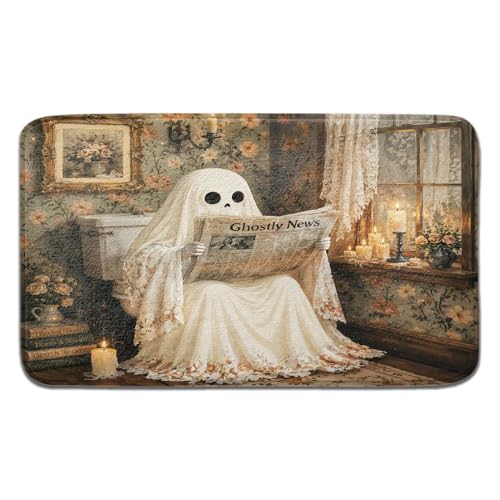 JAWO Funny Halloween Bath Mat, Gothic Ghost Sitting on Toilet Reading Newspaper Print, Vintage Spooky Non-Slip Absorbent Floor Mat for Bathroom Party Decor 17X29 - color: Beige1, size: 17.00" X 29.00"