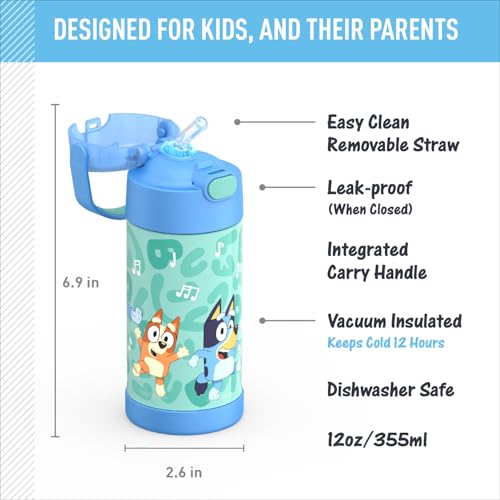 THERMOS FUNTAINER Water Bottle with Straw, 12oz, Bluey | Kids Stainless Steel Insulated Water Bottle, Keeps Drinks Cold Longer for School & Play, BPA-Free - color: Bluey, size: 12 Ounces