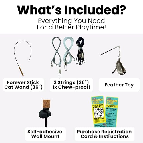 Forever Stick and 3 Strings including Chew Proof Metal Wire - The Unbreakable Cat Wand Toy, Durable Cat Toy Wand, Extra Long Cat String Toy, Cat Fishing Pole Toy for Bored Indoor Adult Cats, Stick Toy - size: Forever Stick and Chew-proof String