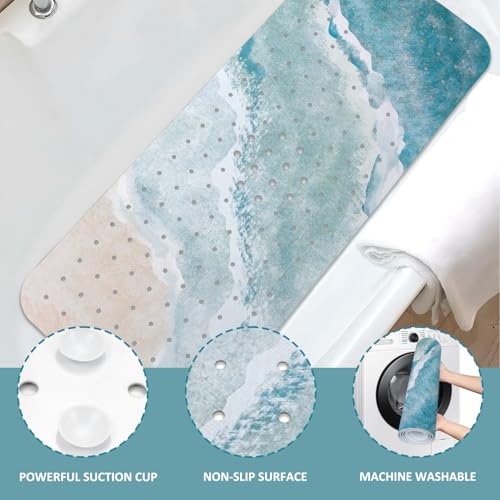 Beach Bathtub Mat Non Slip, Baby Bath Mat for Tub Rubber Tub Mat, Kids Bath Mats for Bathroom Ocean Waves Anti Slip Shower Mat with Suction and Drain Holes Machine Washable, 40″X16″ - color: C03, size: 40" x 16" (Rectangular)